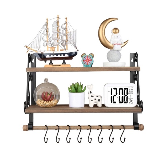 2-Tier Rustic Farmhouse Wood Wall Shelf with 8 Hooks - Picture 2 of 14